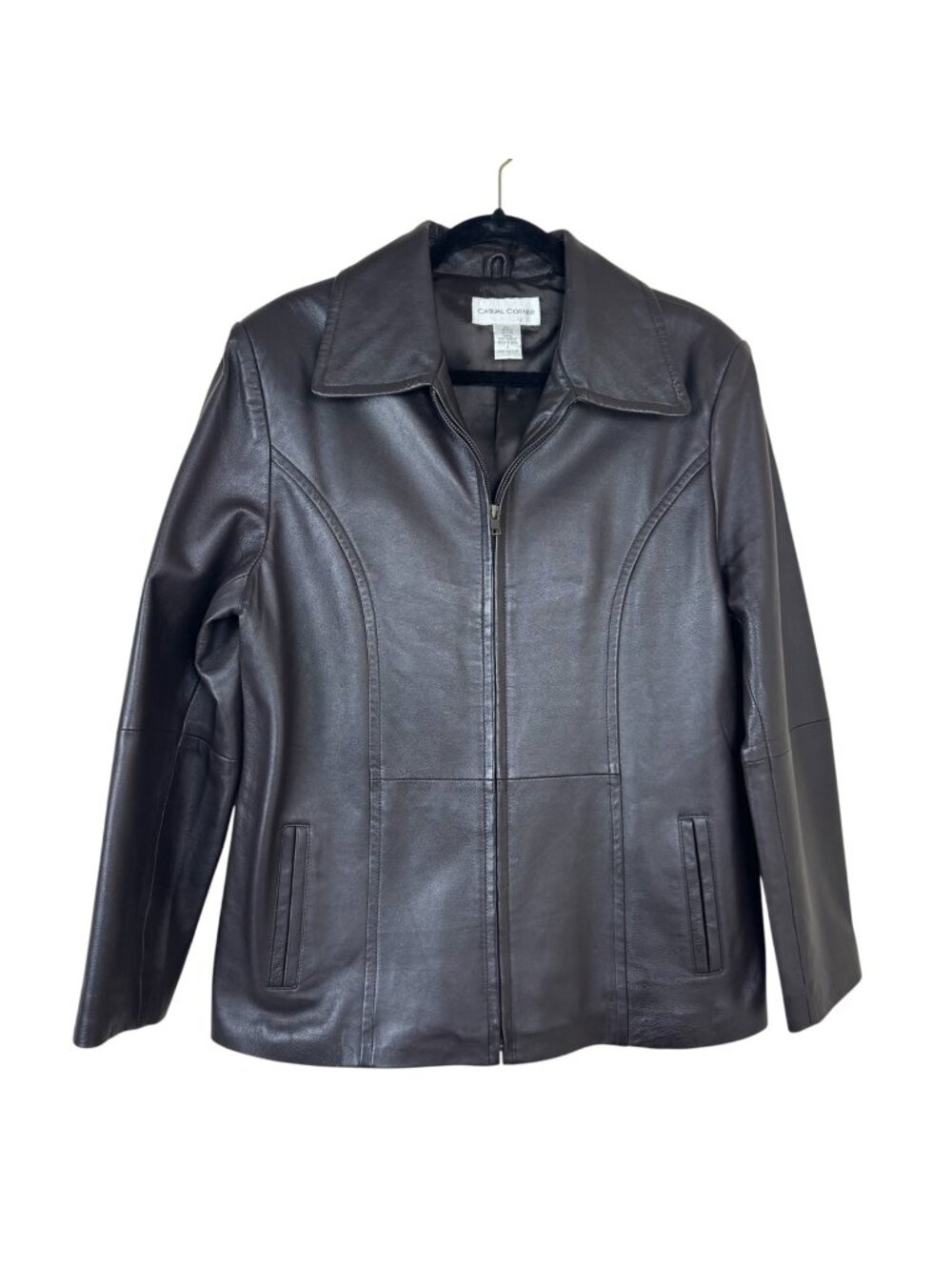 Casual Corner Dark Brown 100% Leather Jacket Coat Women's Large Timeless Chic